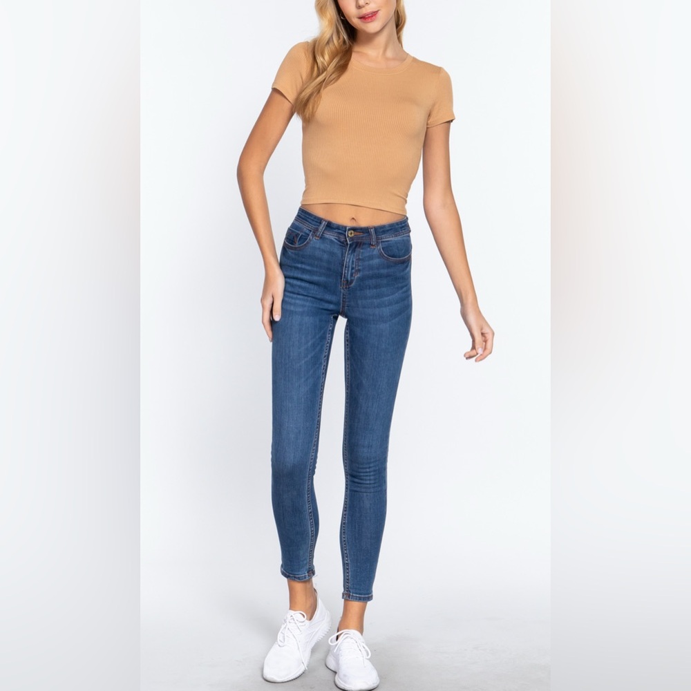 Tan Ribbed Short Sleeve Top - MEDIUM - Picture 3 of 8